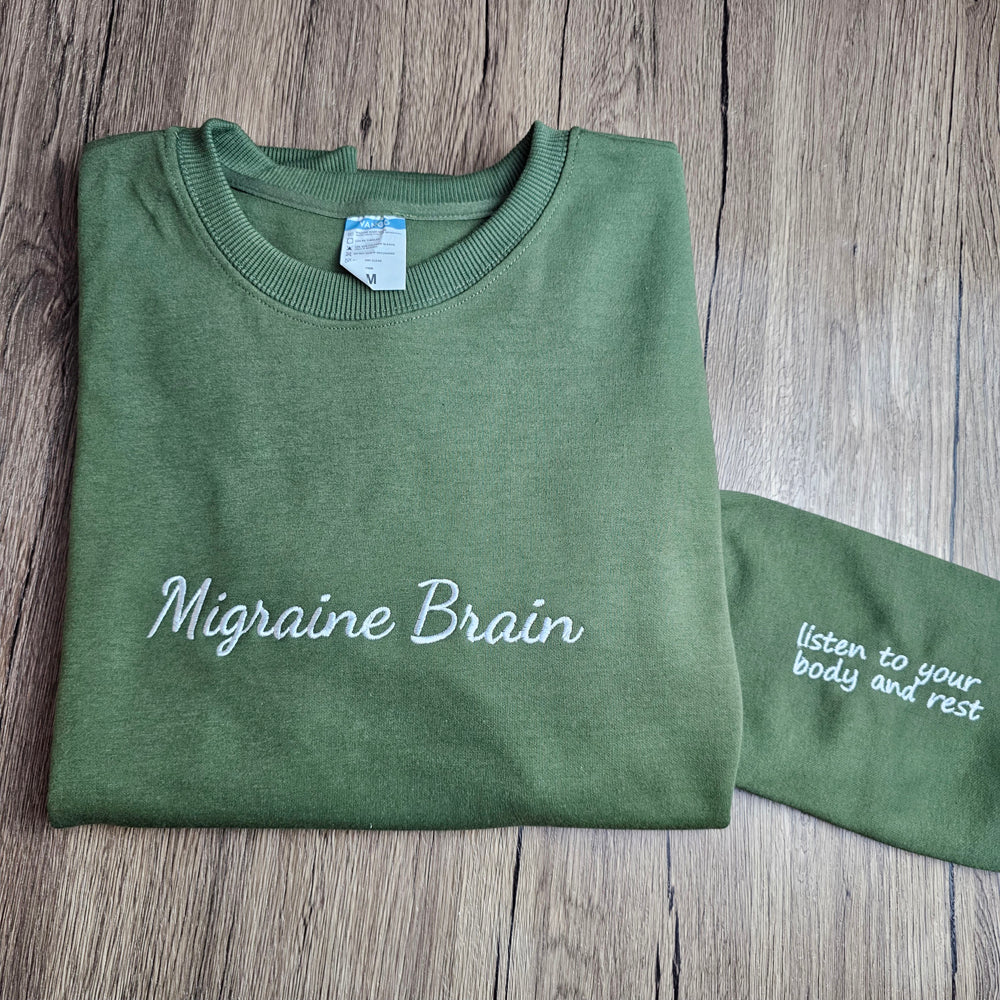Migraine Brain (Listen to your body and rest) Embroidered Crewneck