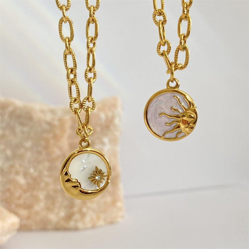 Vintage Sun and Moon Round Pendant Couple Necklace