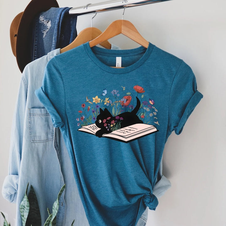 Cute Floral Cat Book Printed T-shirt