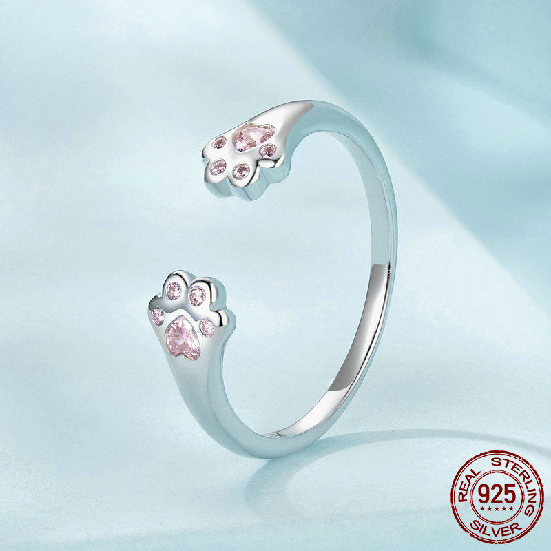 Cute Silver Cat Paw Open Ring