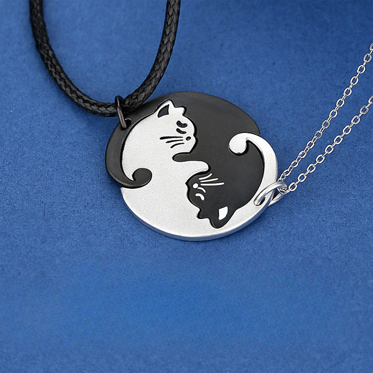 Sterling Silver Black and White Cat Pendants Couple Necklace