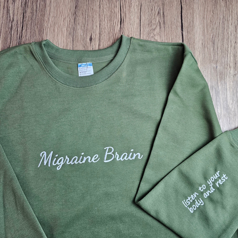 Migraine Brain (Listen to your body and rest) Embroidered Crewneck