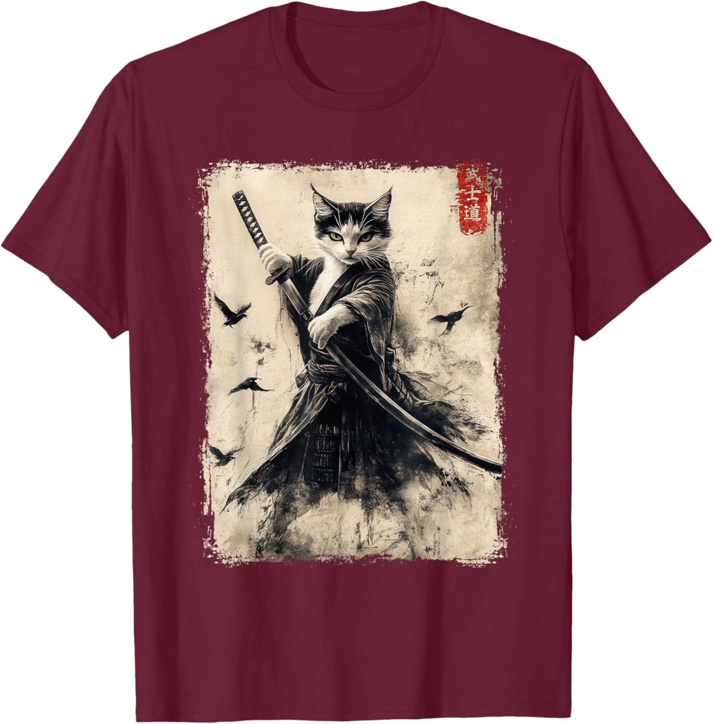 Vintage Samurai Cat Graphic Printed T-Shirt