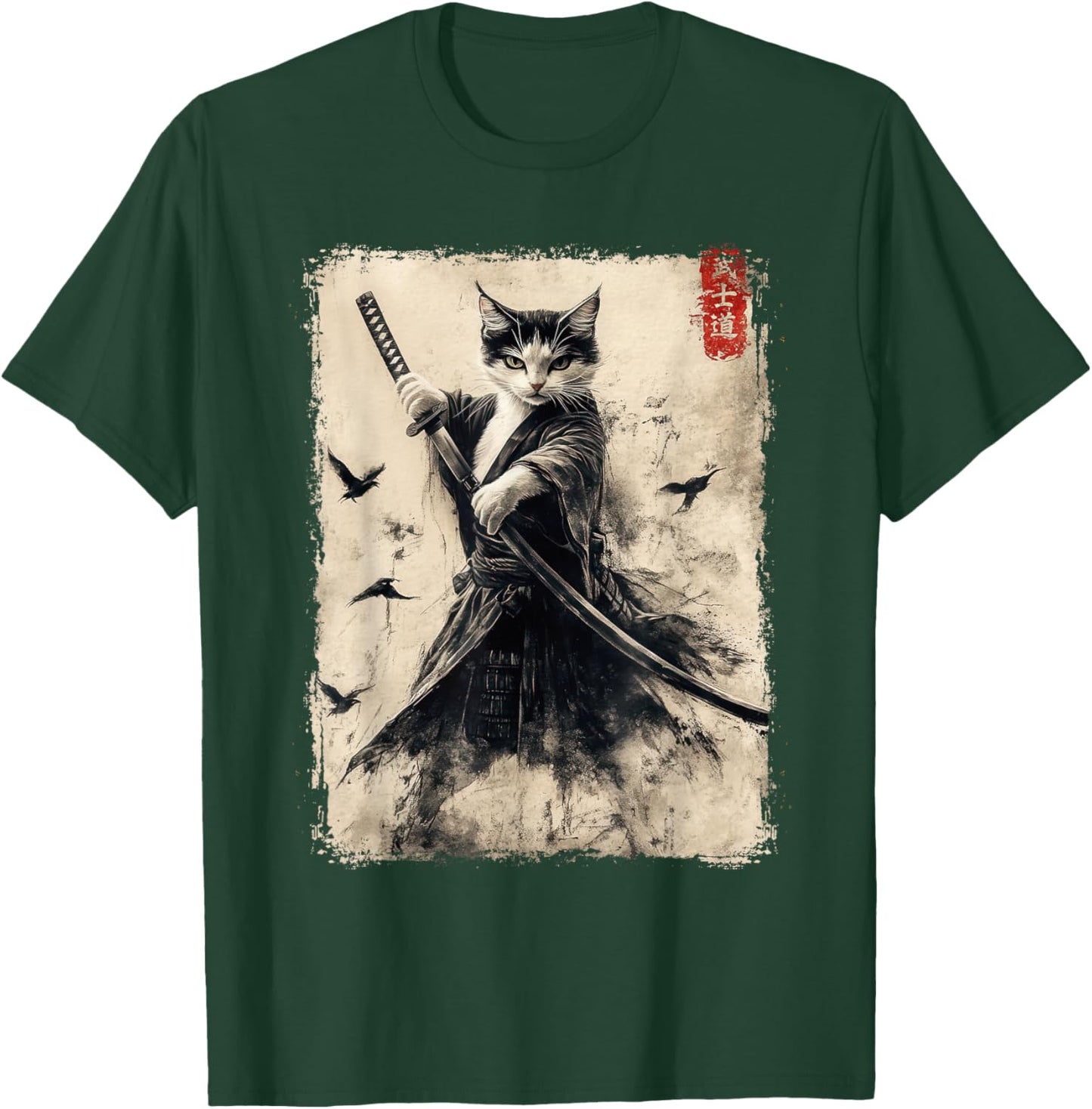 Vintage Samurai Cat Graphic Printed T-Shirt