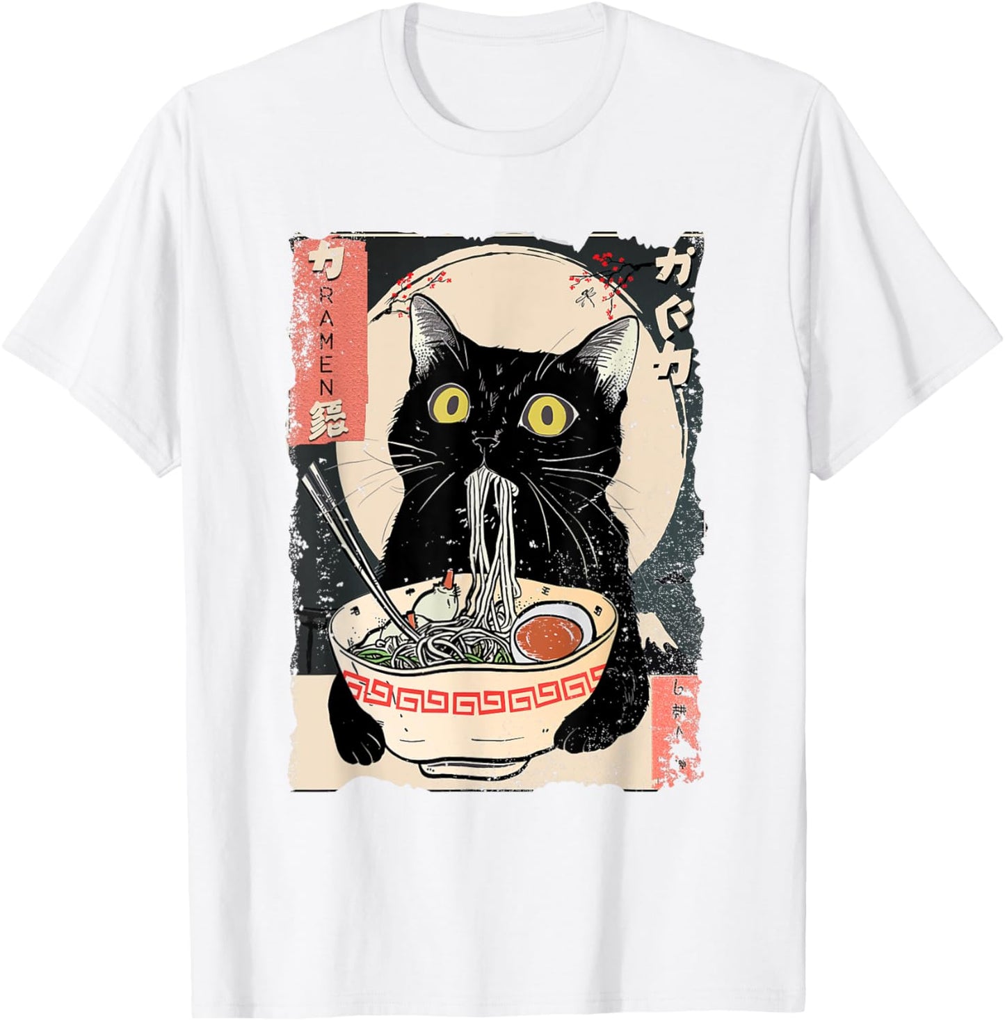 Unisex Cat Eating Ramen Noodles Funny Japanese Style Graphic T-Shirt