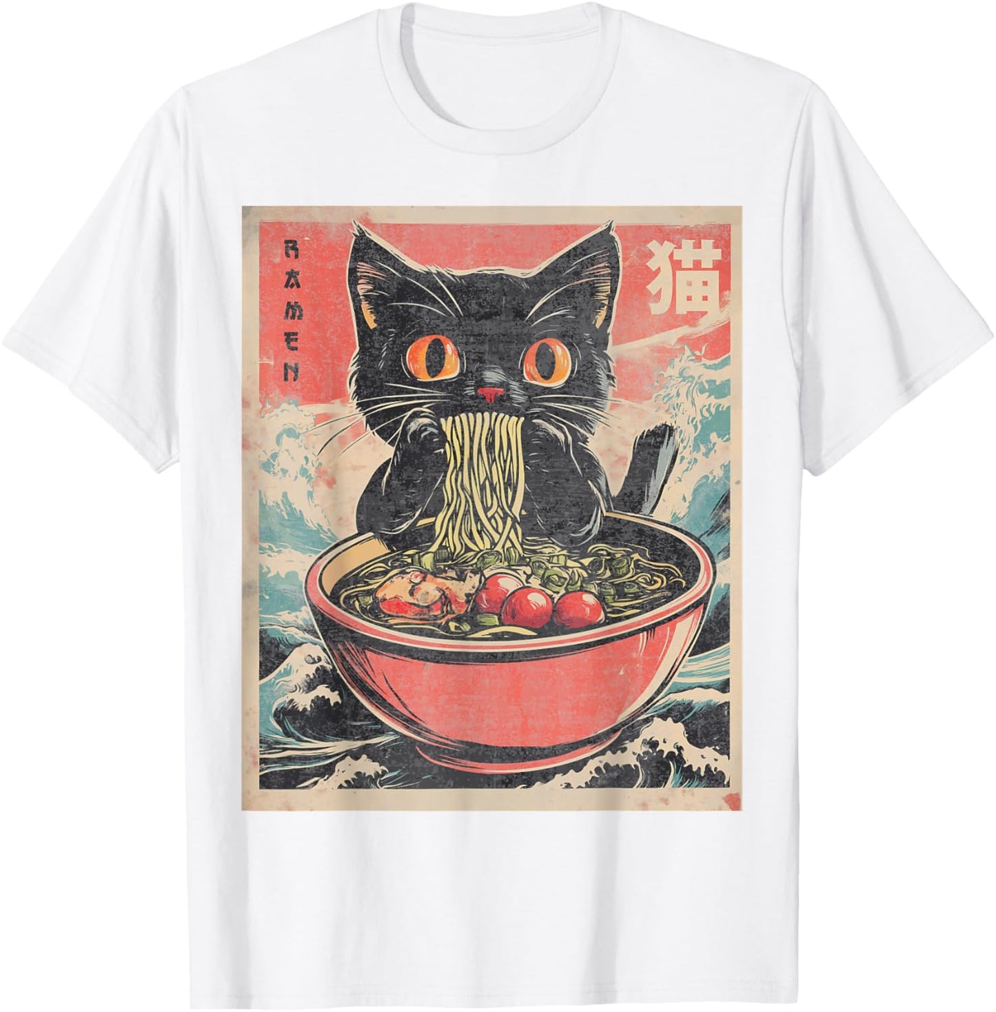 Unisex Anime Cat Ramen Japanese Funny Graphic Tees Kawaii Cat Anime Gifts T-Shirt