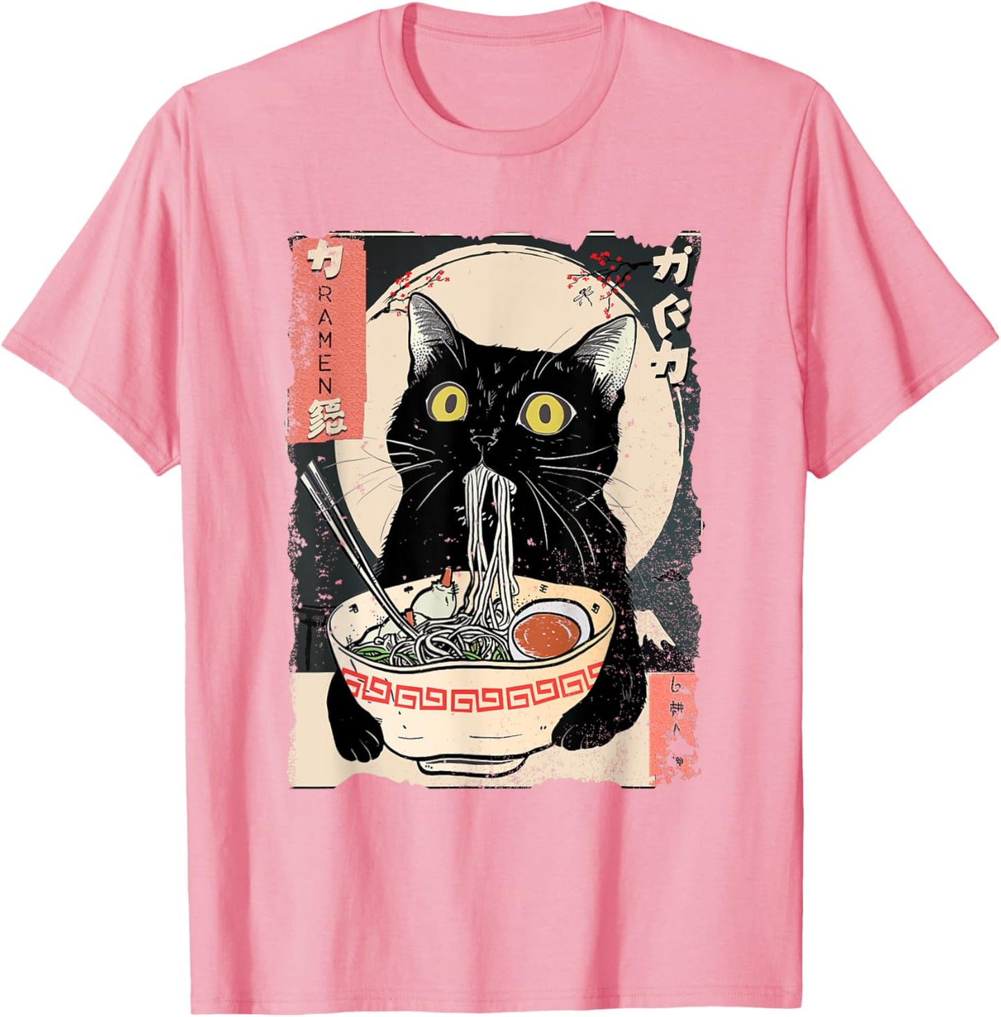 Unisex Cat Eating Ramen Noodles Funny Japanese Style Graphic T-Shirt