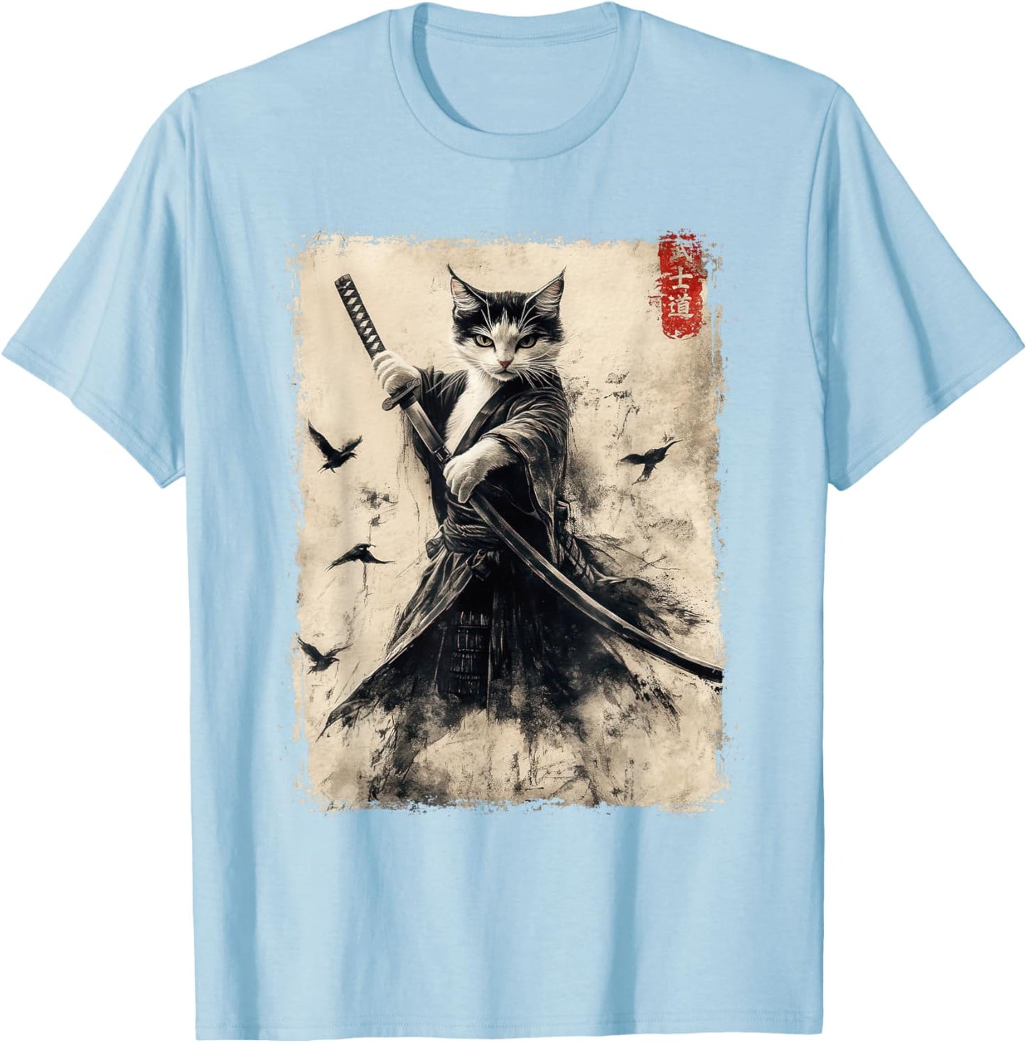 Vintage Samurai Cat Graphic Printed T-Shirt