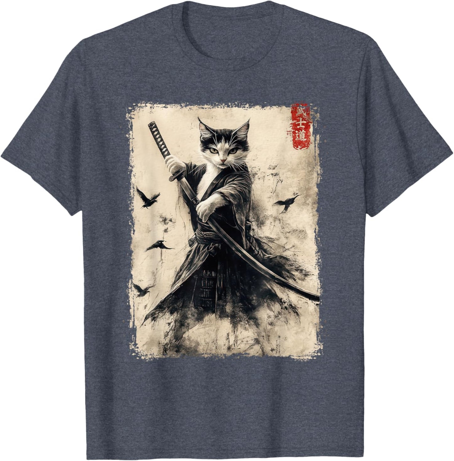 Vintage Samurai Cat Graphic Printed T-Shirt