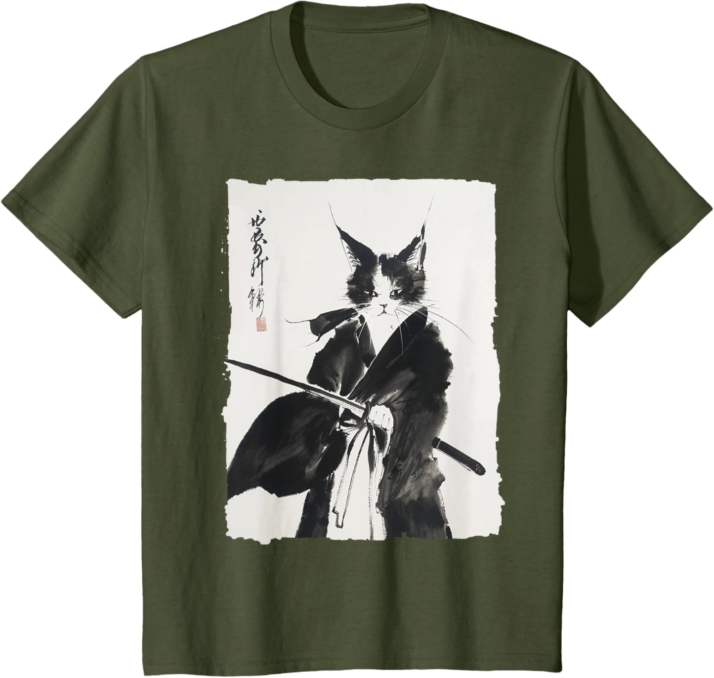 Vintage Samurai Cat Graphic Art Print T-Shirt
