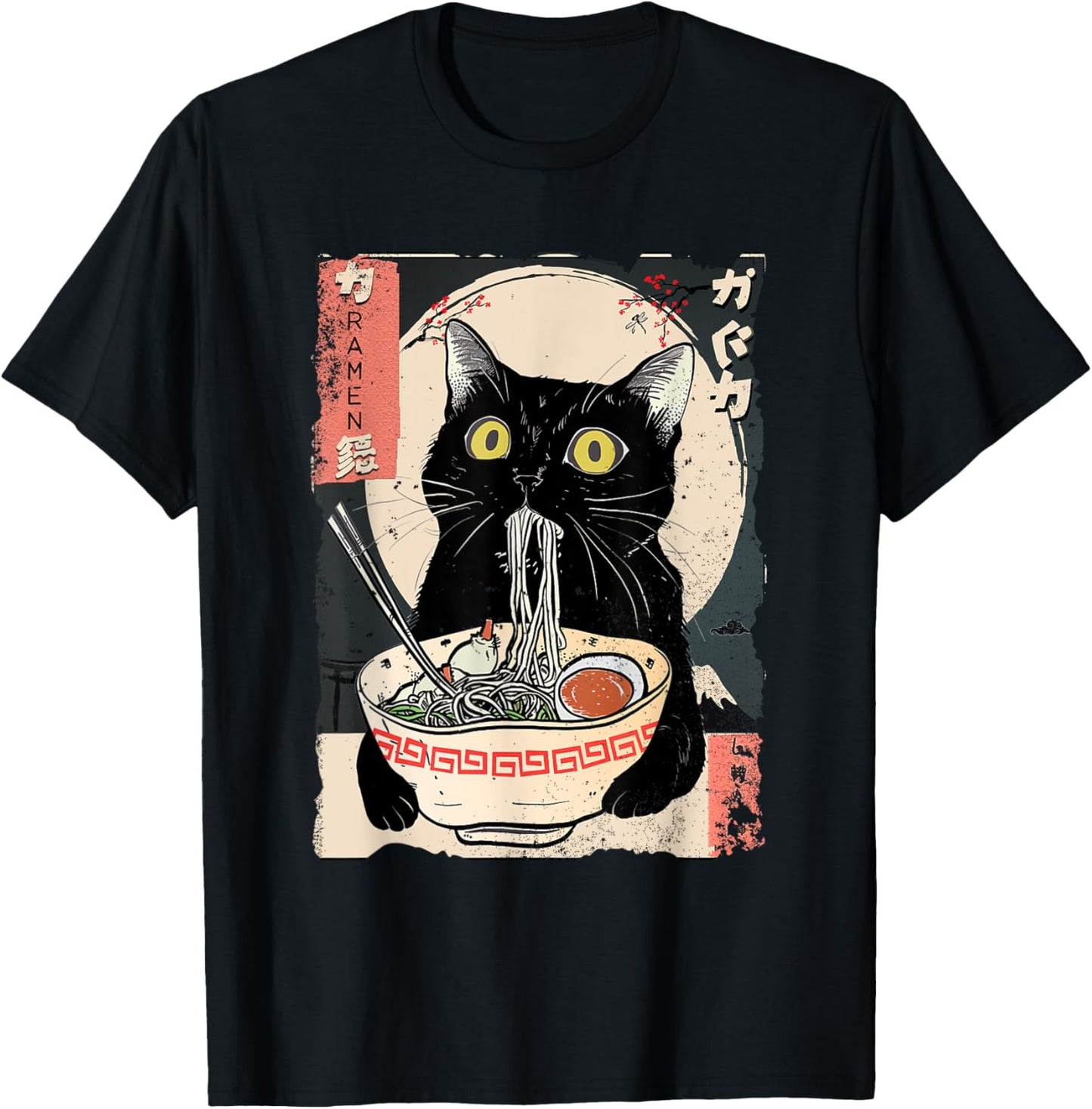 Unisex Cat Eating Ramen Noodles Funny Japanese Style Graphic T-Shirt