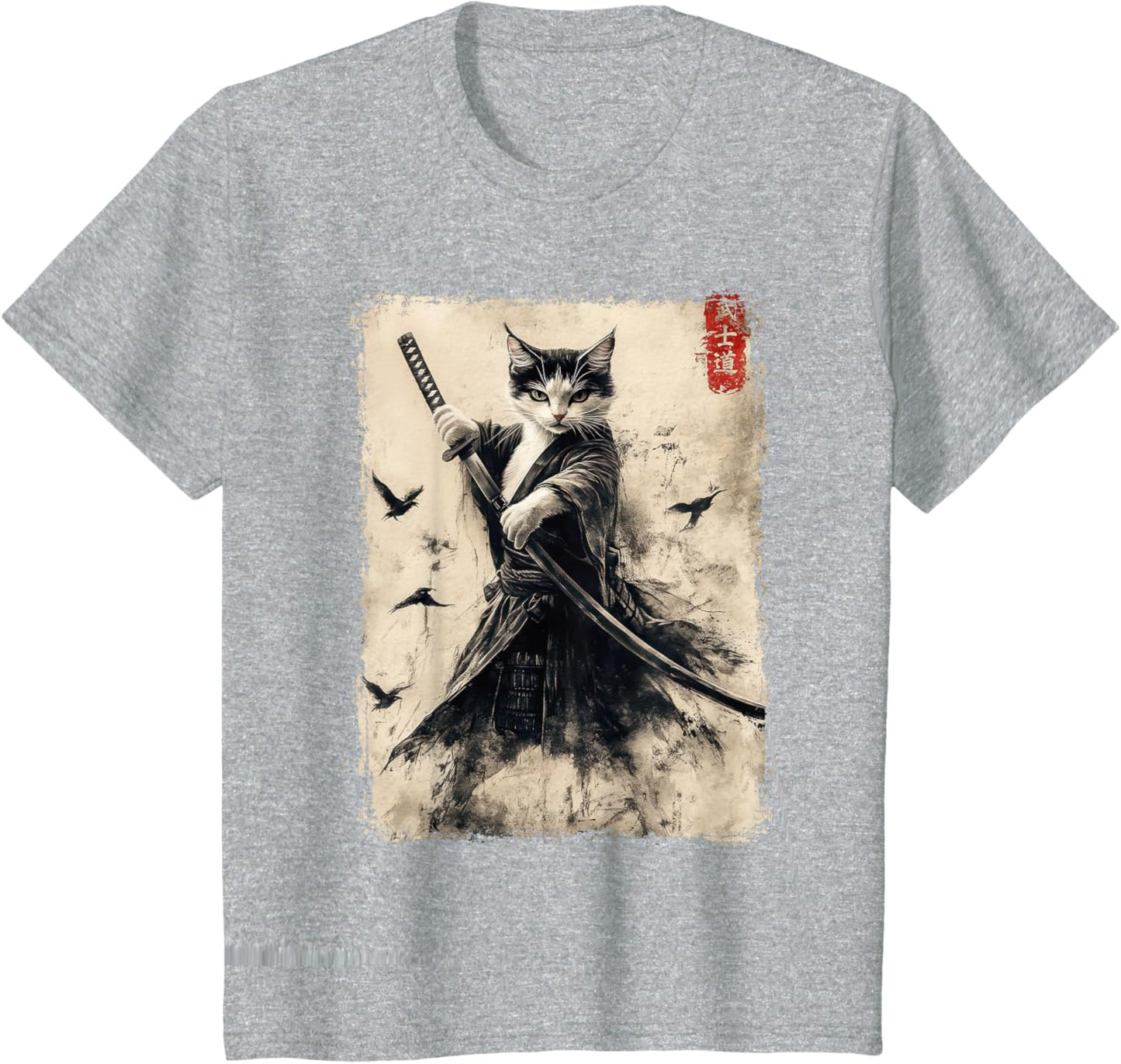 Vintage Samurai Cat Graphic Printed T-Shirt