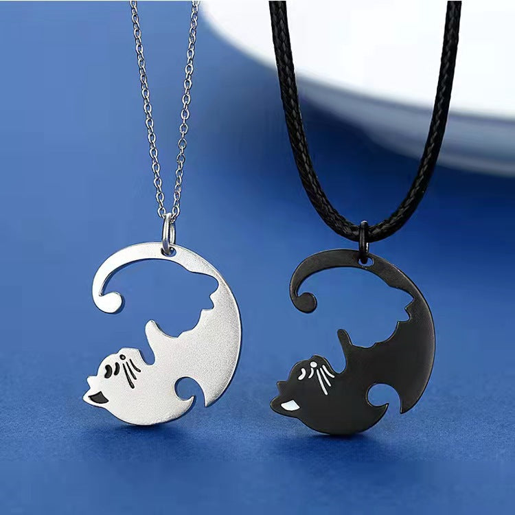 Sterling Silver Black and White Cat Pendants Couple Necklace