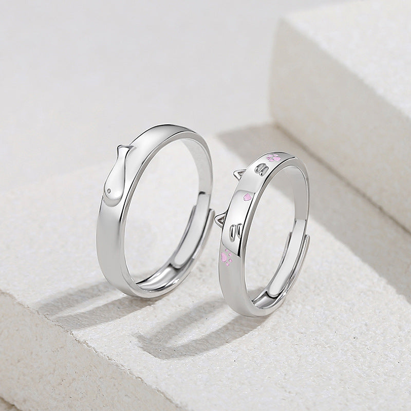 Cartoon Cat and Fish Silver Couple Ring