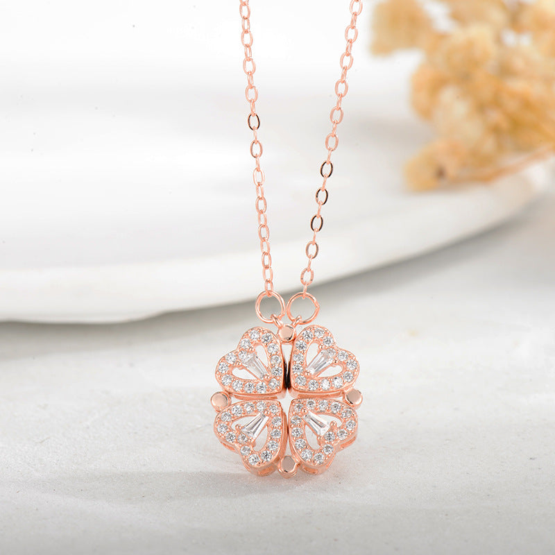 Silver Heart Four-leaf Clover Necklace