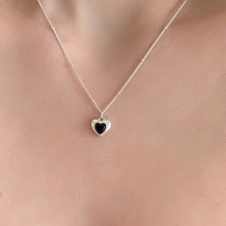 S925 Silver Black Agate Heart Necklace