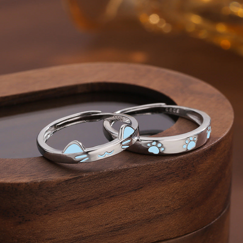Silver Luminous Cat and Dog Couple Ring