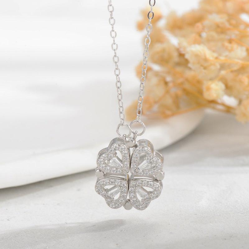 Silver Heart Four-leaf Clover Necklace
