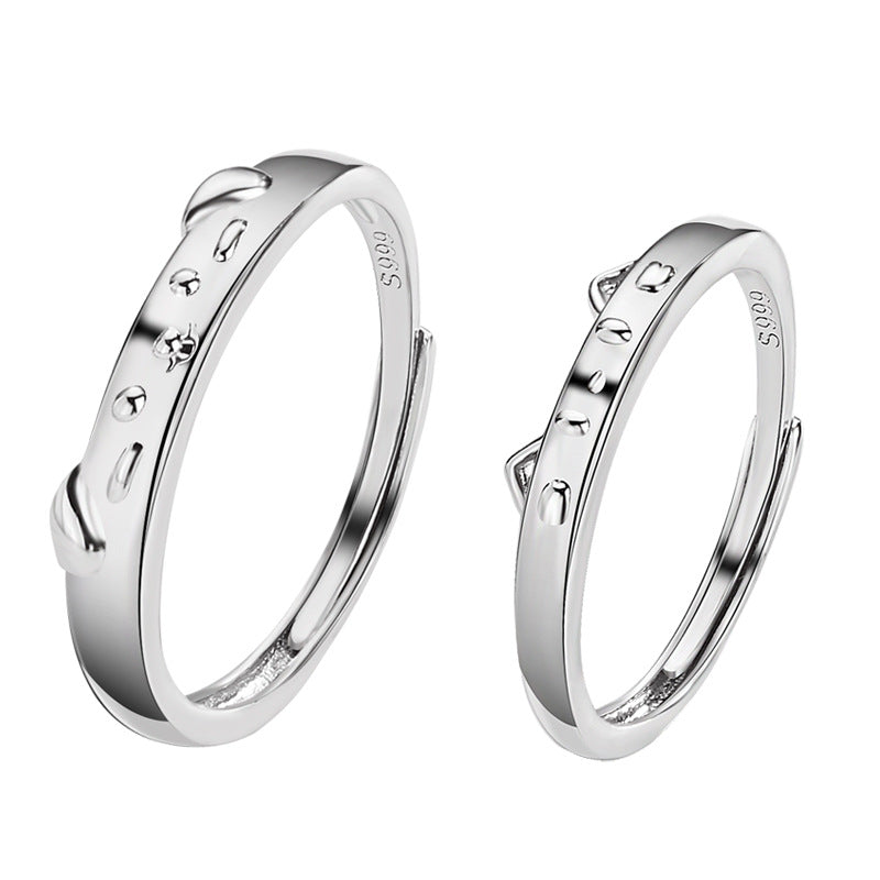 Cat and Dog Silver Couple Ring
