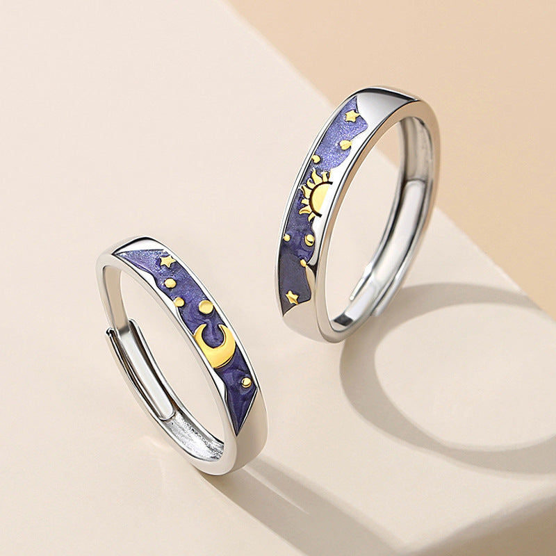 S925 Silver Day and Night Sun and Moon Couple Rings