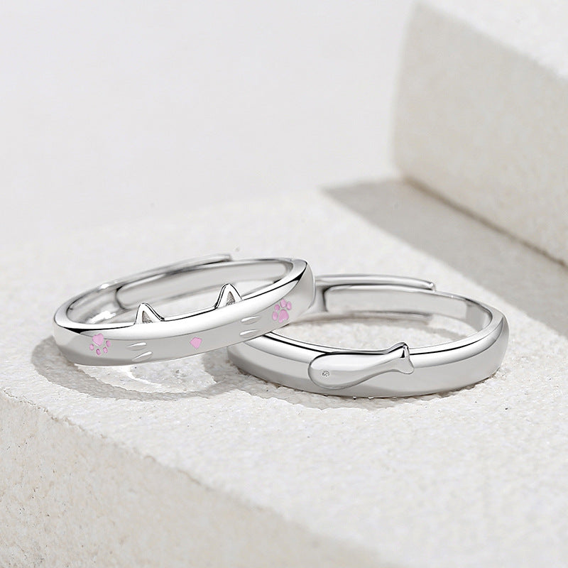 Cartoon Cat and Fish Silver Couple Ring