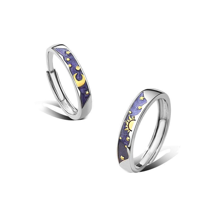 S925 Silver Day and Night Sun and Moon Couple Rings