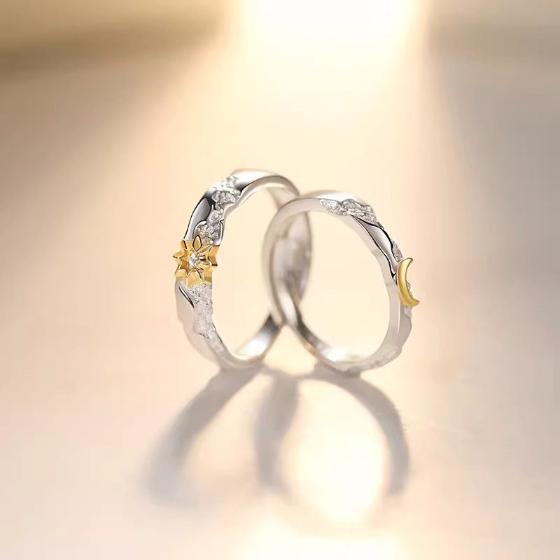 Silver Sun and Moon Couple Ring