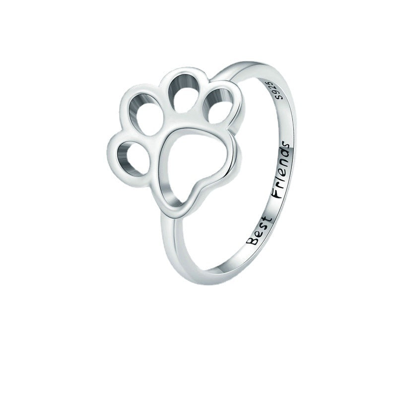 S925 Silver Animal Paw Letter Ring