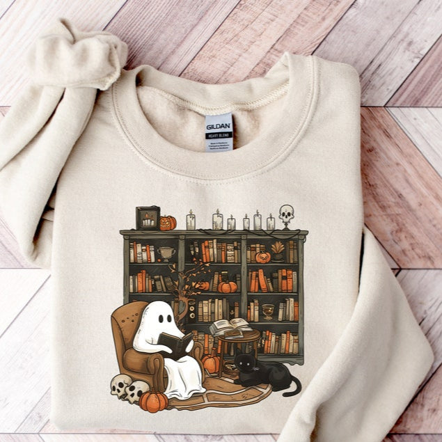 Retro Ghost Reading Books Printed Sweatshirt
