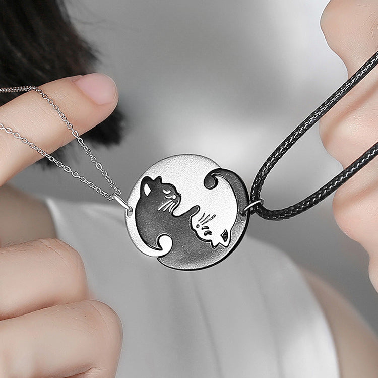 Sterling Silver Black and White Cat Pendants Couple Necklace