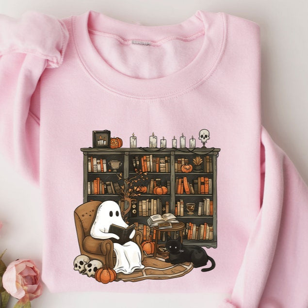 Retro Ghost Reading Books Printed Sweatshirt