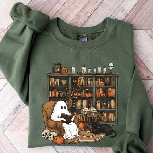 Retro Ghost Reading Books Printed Sweatshirt