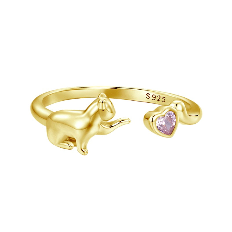 Silver Pink Love Cat Open Ring