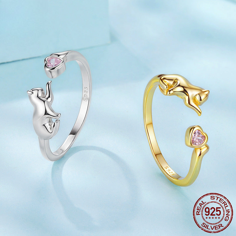 Silver Pink Love Cat Open Ring