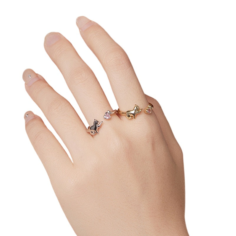 Silver Pink Love Cat Open Ring