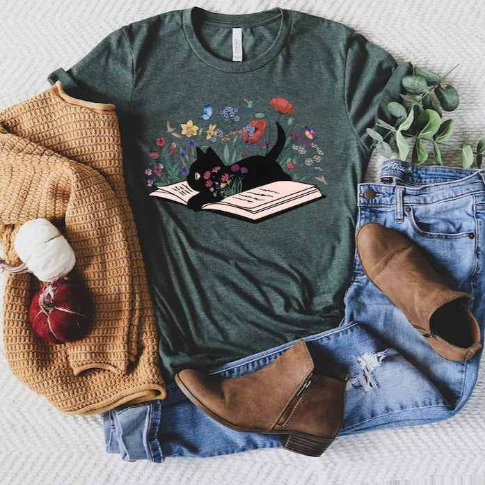 Cute Floral Cat Book Printed T-shirt