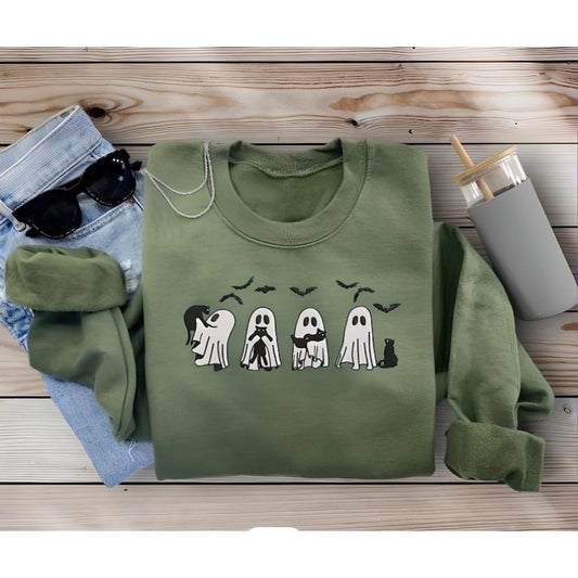 Halloween Ghost Black Cat Embroidered Sweatshirt