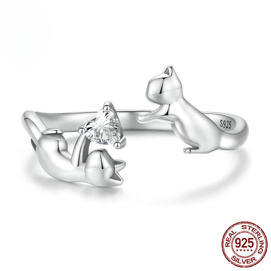 Sterling Silver Cat Open Adjustable Ring