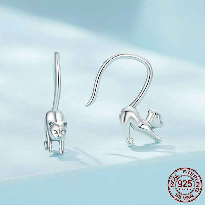 Cute Kitten Silver Open Stud Earrings