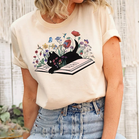 Cute Floral Cat Book Printed T-shirt