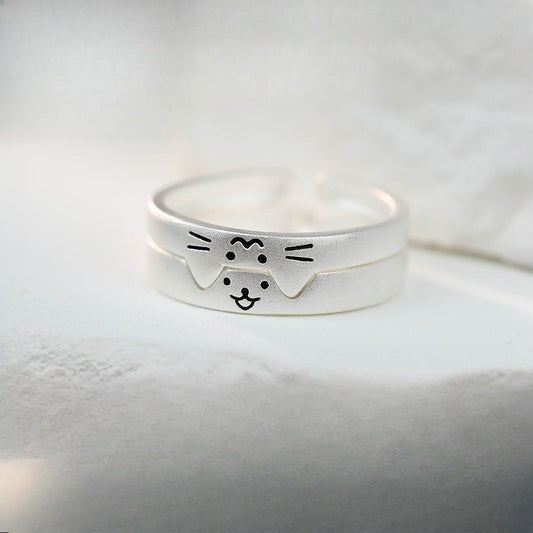 Silver Matching Cat and Dog Couple Rings