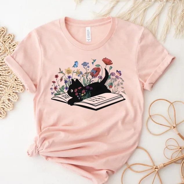 Cute Floral Cat Book Printed T-shirt
