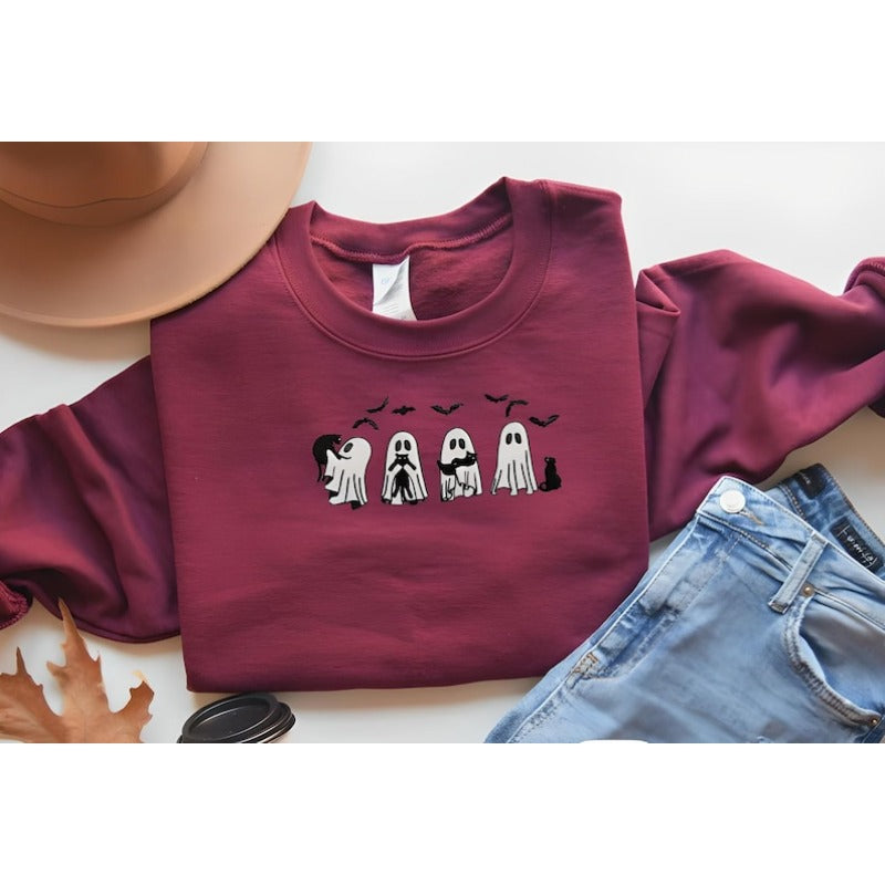 Halloween Ghost Black Cat Embroidered Sweatshirt