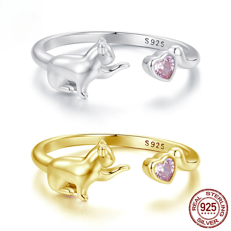 Silver Pink Love Cat Open Ring
