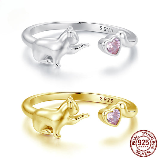 Silver Pink Love Cat Open Ring