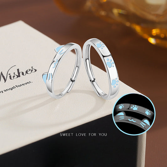 Silver Luminous Cat and Dog Couple Ring