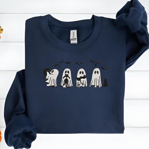 Halloween Ghost Black Cat Embroidered Sweatshirt