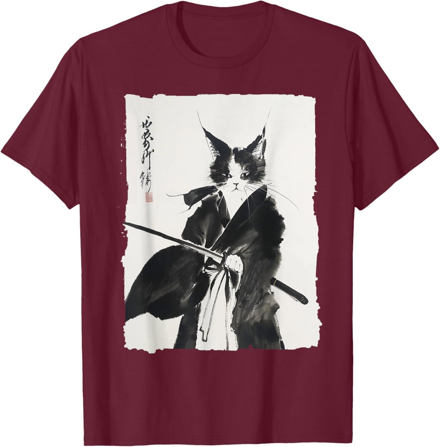 Vintage Samurai Cat Graphic Art Print T-Shirt