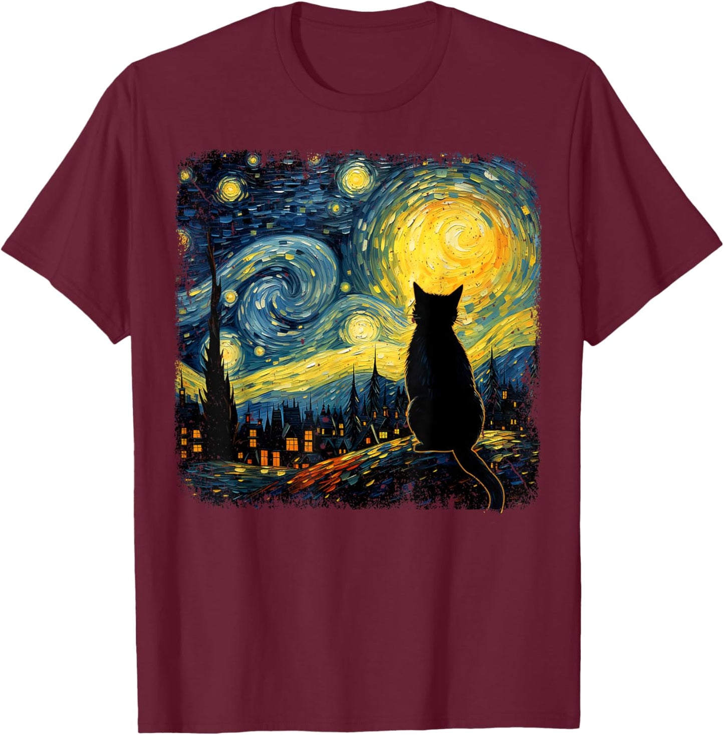 Starry Night Van Gogh Cat Printed T-Shirt