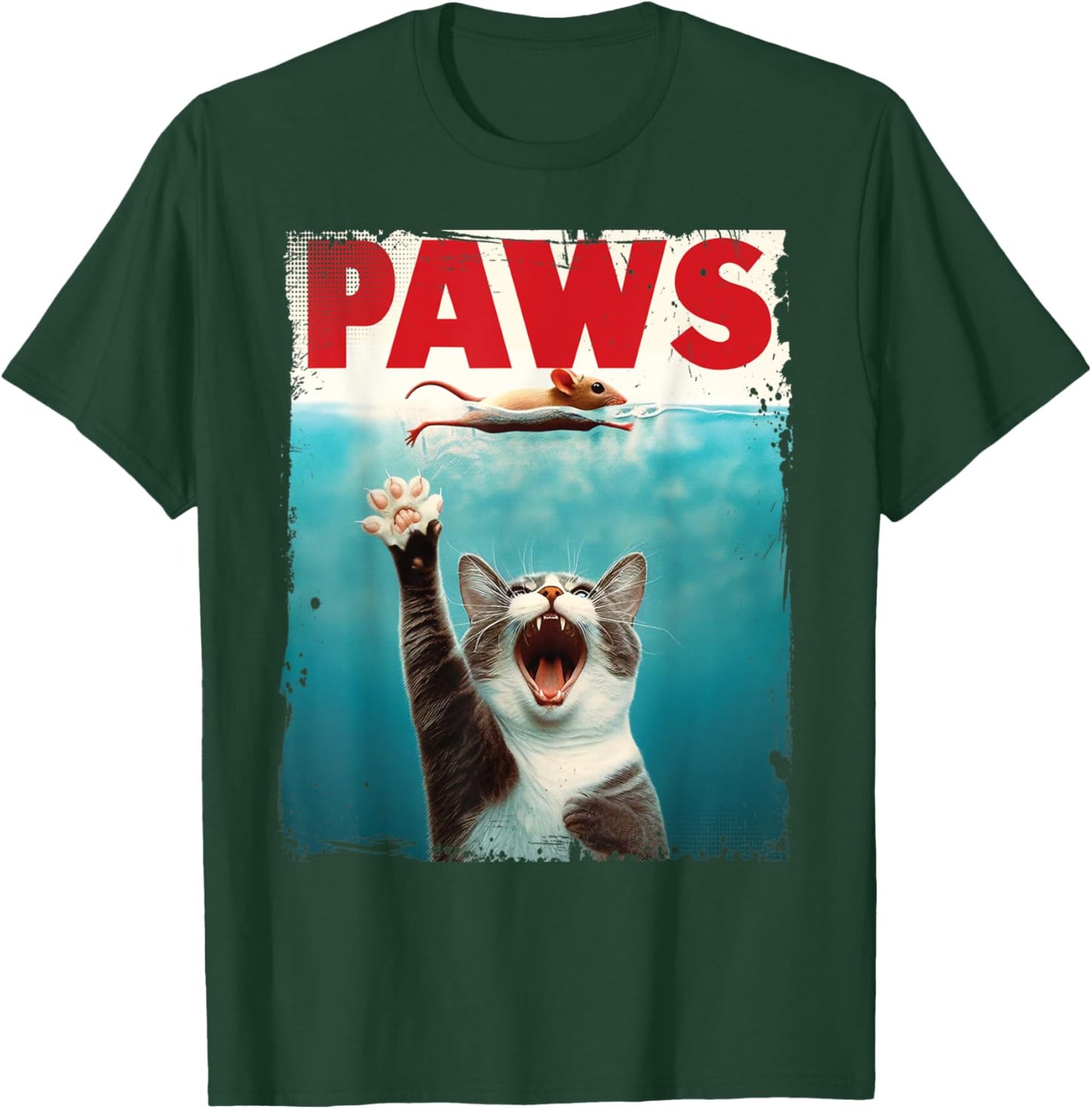 PAWS Parody Cat Chasing Mouse Graphic T-Shirt